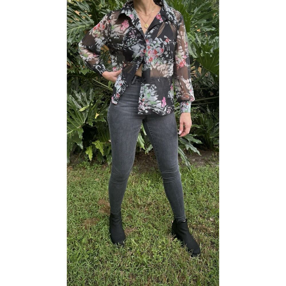 Vintage 1970s Shear Button Up Blouse Floral Handmade Size S-M Grannycore Top
